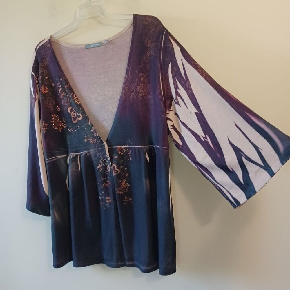 NY Collection 1X Cardigan Boho Whimsy Peasant Sublimation 3/4 Sleeve Lightweight